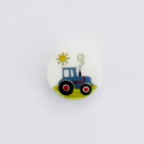 Knap - �15 med �je bagp� - Hvid med traktor